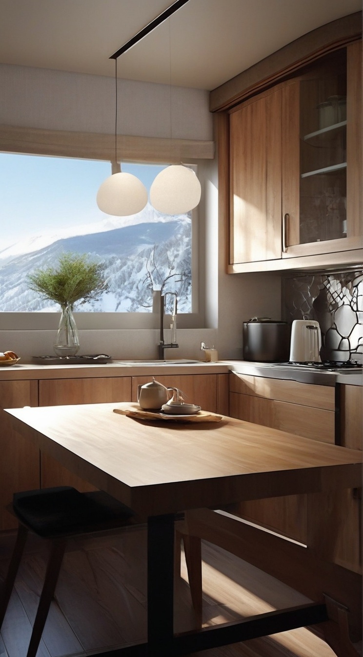 ((Hyper-Realistic)) photo of a beautiful girl sitting in kitchen in a cabin of winter resort,  indoors,  20yo on Tensor.Art