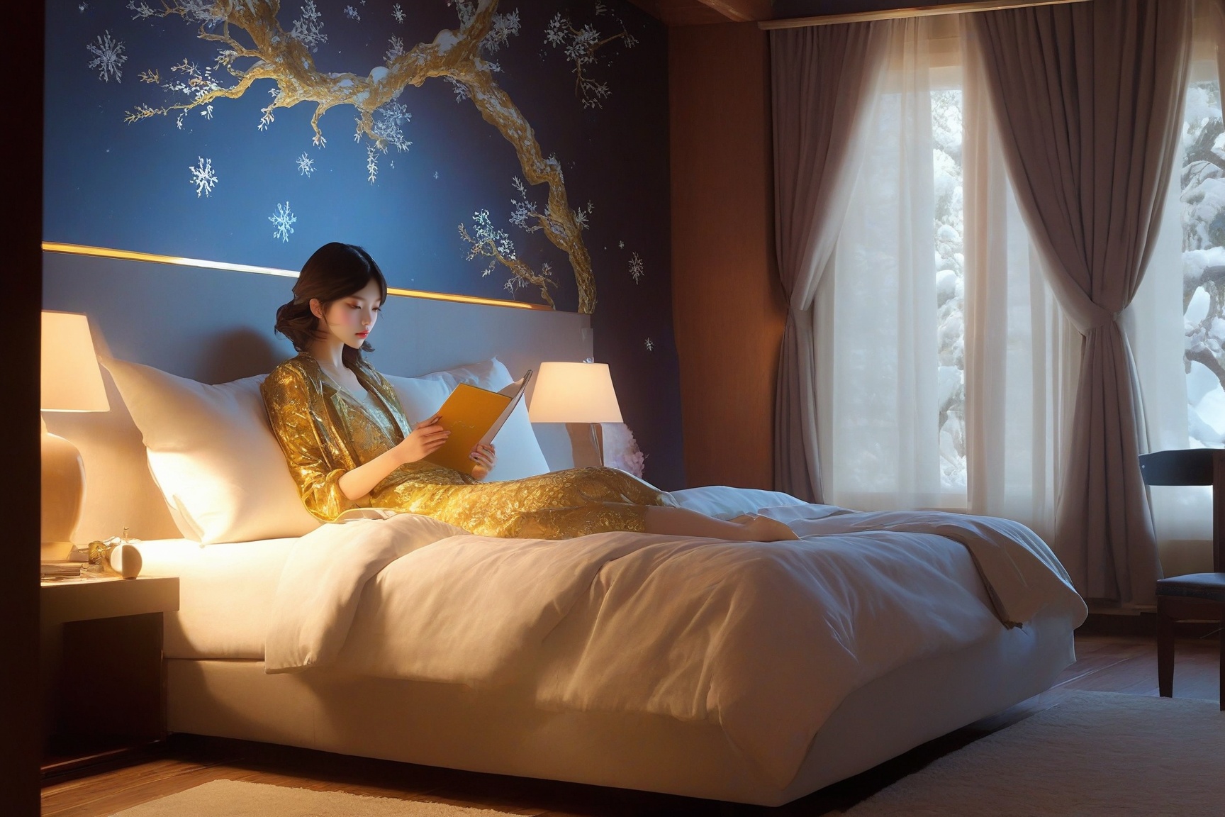 ((Hyper-Realistic)) photo of a beautiful girl sitting in bedroom in a cabin,  indoors,  reading a book on Tensor.Art