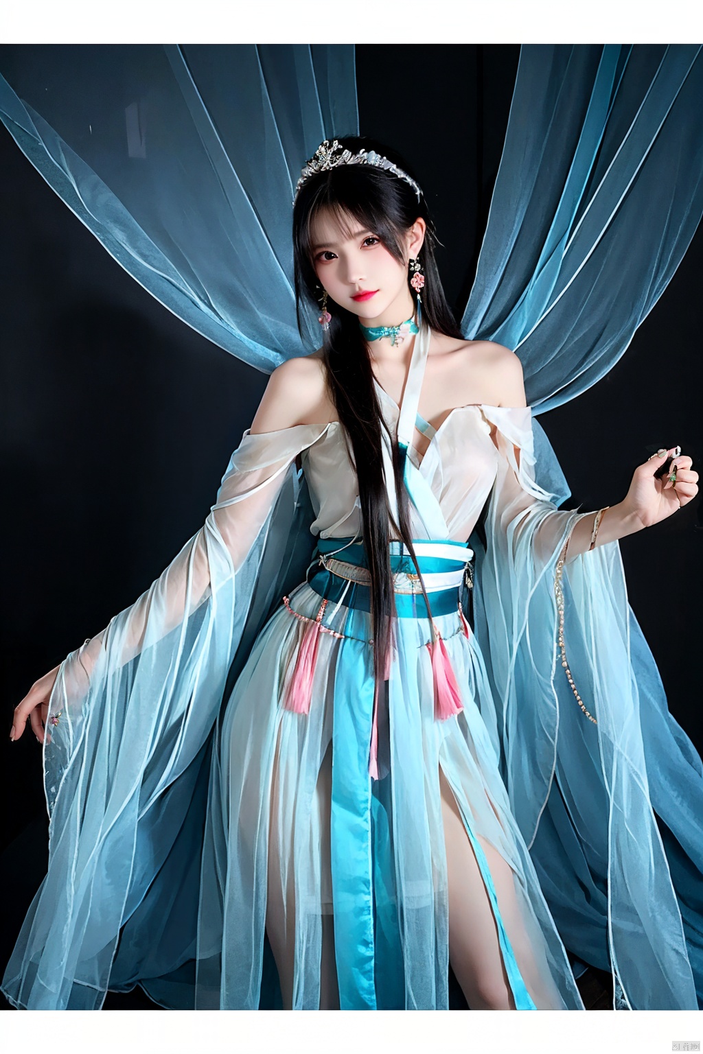  A girl, silk, cocoon, spider web, Solo, Complex Details, Color Differences, Realistic, (Moderate Breath), Off Shoulder, Eightfold Goddess, Pink Long Hair, White Headwear, Hair Above One Eye, Green Eyes, Earrings, Sharp Eyes, Perfect Fit, Choker, Dim Lights, cocoon, transparent, jiBeauty, 1girl, flowers, mtianmei, Look at the camera., flowing skirts, Giant flowers, , pld, (\xing he\), jxyj, Hanfu
