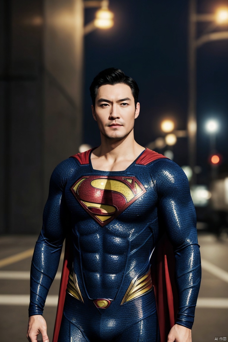  1man,superman,male focus,(masterpiece, realistic, best quality, highly detailed,profession),asian,exquisite facial features,handsome,deep eyes,large pectorales,superman suit,night lighting,neon, cinematic composition,blurry,jzns, hzbz