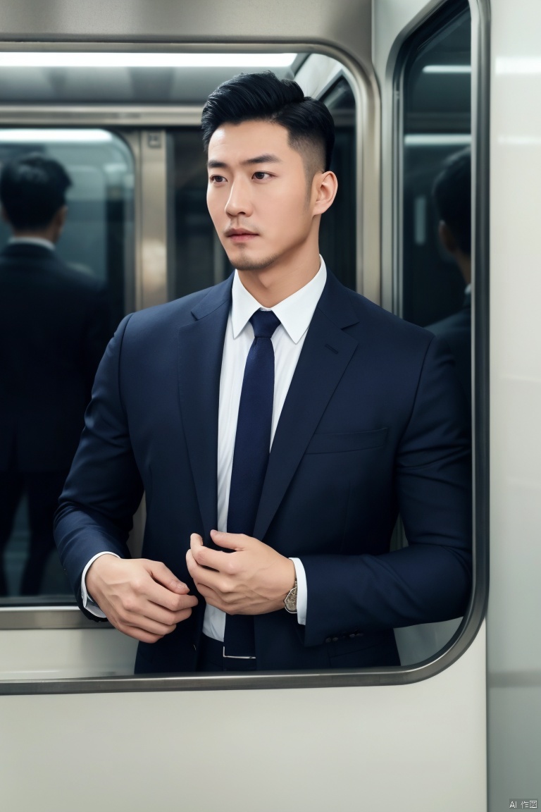  1man,male focus,(masterpiece, realistic, best quality, highly detailed,profession),asian,exquisite facial features,handsome,deep eyes,large pectorales,white shirt,necktie,holding clothes,lean on train interior,(outdoors),cinematic composition,blurry,jzns, hzbz