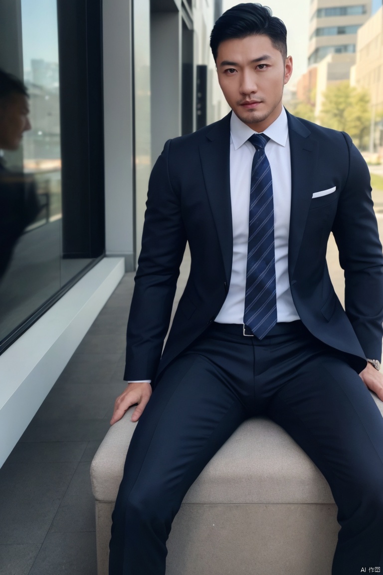 1man,business_suit,(masterpiece, realistic, Realism, best quality, highly detailed, 8K Ultra HD, sharp focus, profession),asian,exquisite facial features,deep eyes,handsome,male focus,muscular,full body,outdoors,soft lighting,Dynamic pose, hzbz