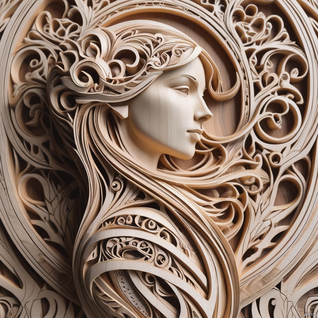 woodfigurez mural of a woman, in the style of aaron horkey, in the style of aphonse mucha      papercut, (masterpiece:1.2), best quality, (hyperdetailed, highest detailed:1.2), high resolution textures, 