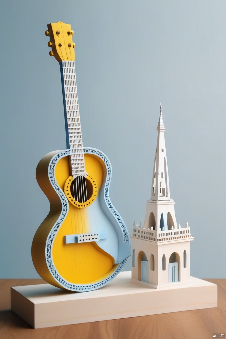 (wood sculpture minimalistic abstract scene with a guitar in white and light blue with little accent of yellow), abstract, 3d render, strong, intricate details, (masterpiece)
paper cut, woodfigurez