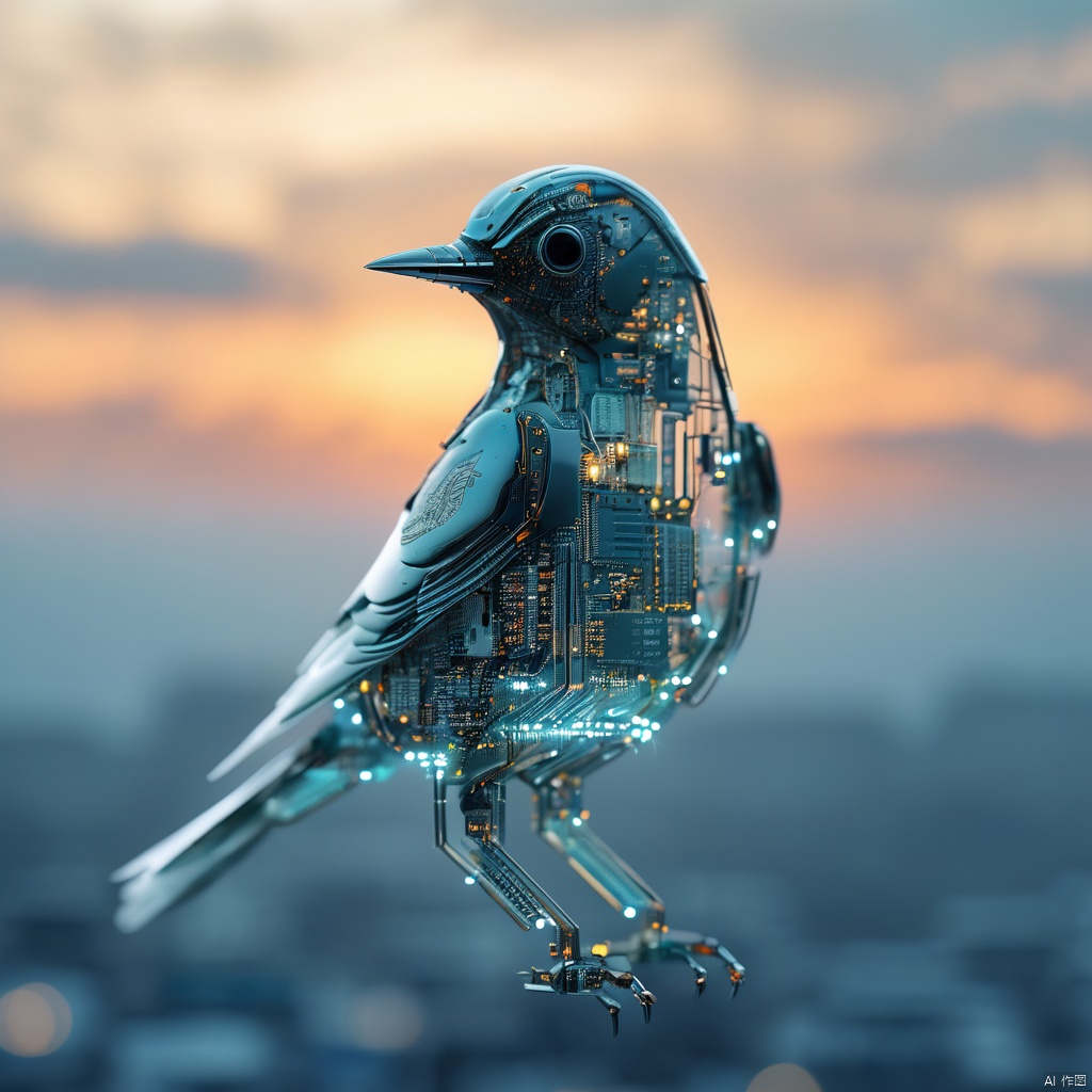 Seven transparent bird made out of circuitboard, in a sky, flying side view, looks beautiful and aesthetic, an android robot feeding them, soothing, real picture