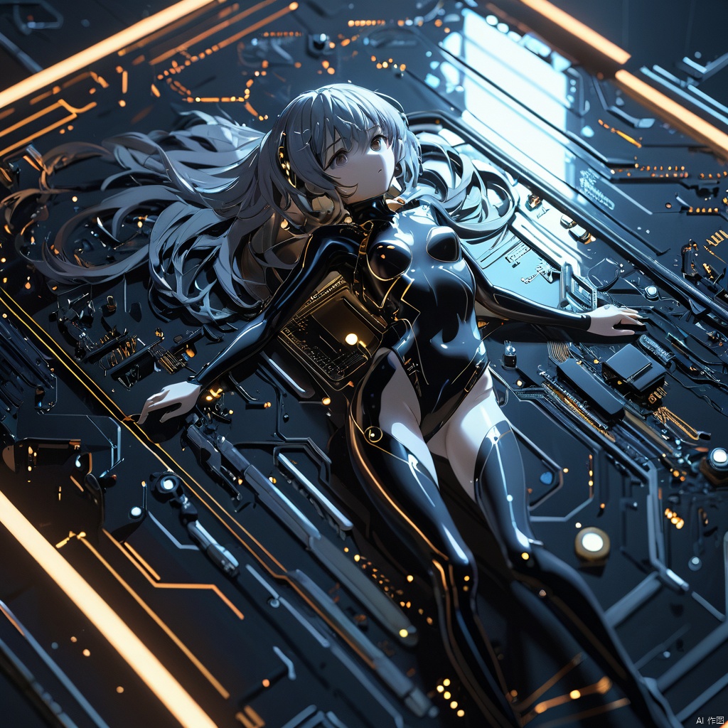 masterpiece, best quality, 1girl named nagisa, in a more dynamic, graceful pose, Dark_Futuristic_Circuit_Boards background, half-body, from above, lying on the board,  bodysuit made of chrome, movie still, ciematic,    
