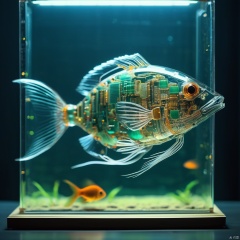 Seven transparent fish made out of circuitboard, in a tank, side view, looks beautiful and aesthetic, an android robot feeding them, soothing, real picture