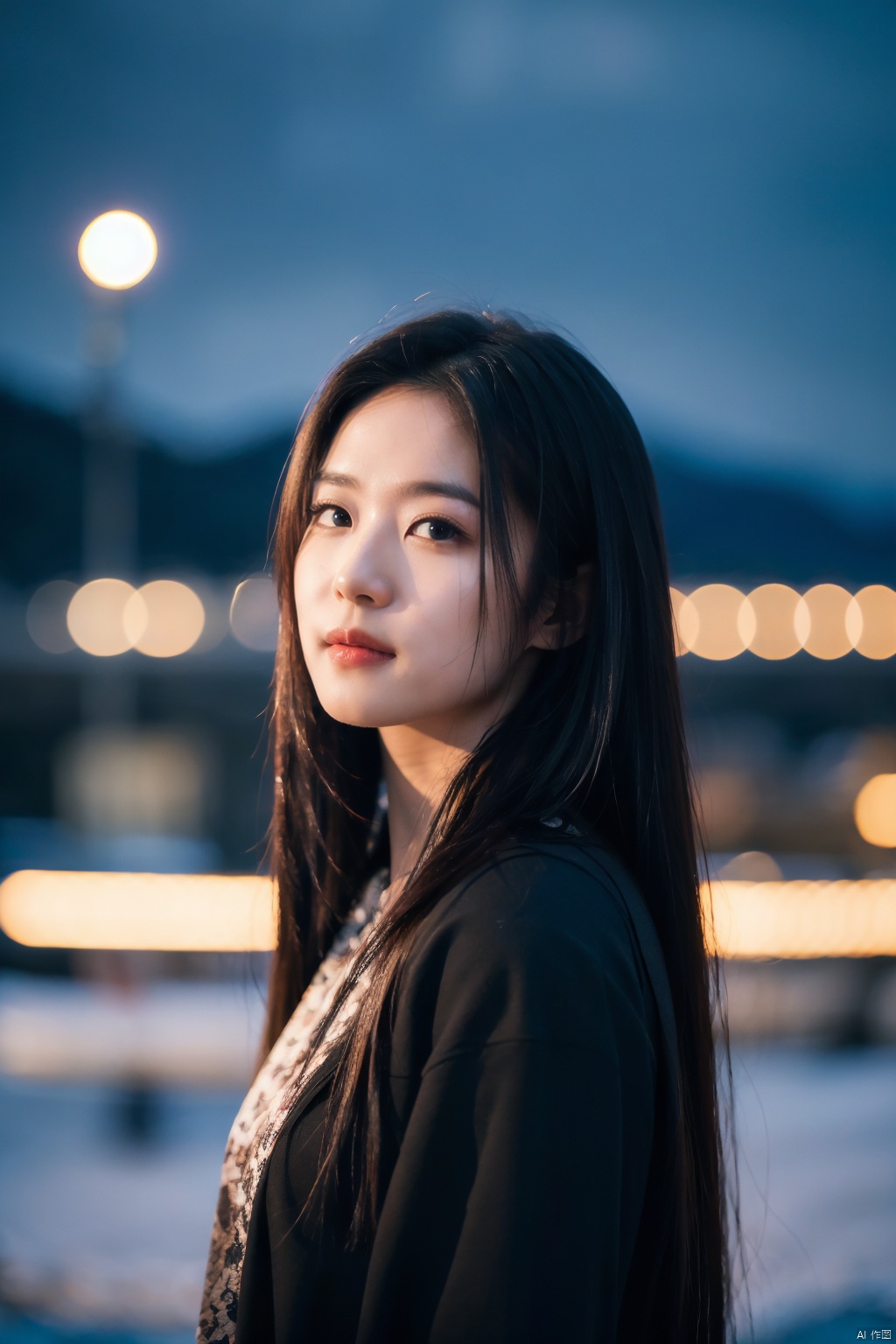 (masterpiece,best quality:1.5), ultra realistic,1girl, long hair, straight hair, portrait, snow mountain, firefly, bokeh, mysterious, night, sky, cloud,