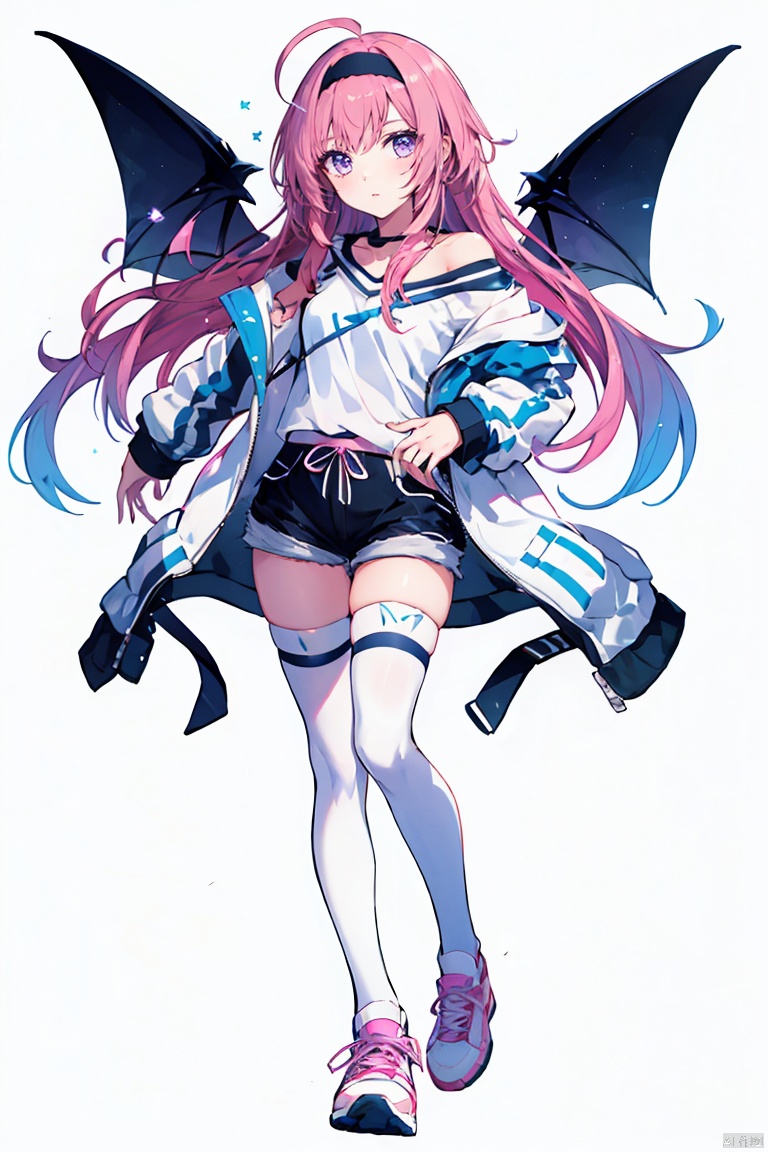 1girl, solo, long hair, looking at viewer, bangs, shirt, thighhighs, long sleeves, holding, bare shoulders, very long hair, standing, purple eyes, jacket, full body, white shirt, pink hair, ahoge, hairband, wings, shoes, shorts, black thighhighs, off shoulder, short shorts, watermark, black shorts, white footwear, white jacket, sneakers, Fangren