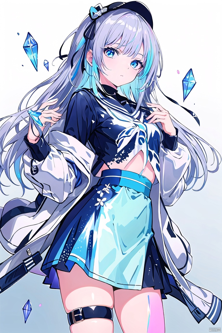 Clear Color PVC Clothing, Clear Color Vinyl Clothing, Prismatic Shape, Holographic, Color Difference, Fashion Illustration, Masterpiece, Girl with Harajuku Fashion, A Cute Girl, Long Silver Hair, Bangs, Blue Eyes, Short Skirt, 8k, Ultra Detail,