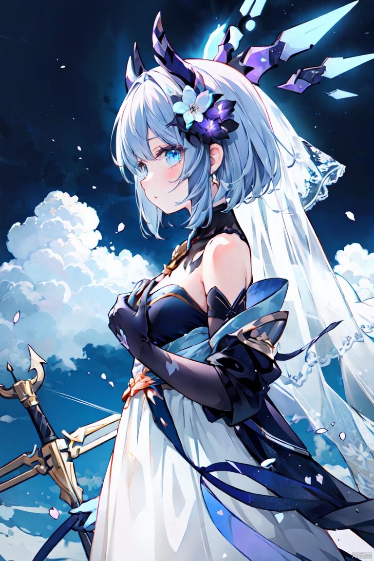 1girl, solo, frankenstein's monster \(fate\), single horn, horns, dress, gloves, blue eyes, mechanical horns, white gloves, short hair, white dress, veil, weapon, elbow gloves, sky, flower, bare shoulders, cloud, holding, hand on own chest, profile, breasts, from side, headgear, hair ornament, holding weapon, looking at viewer, night, cloudy sky, hair flower, electricity, detached sleeves, standing, xxhanfu halo cyber phoenix crown