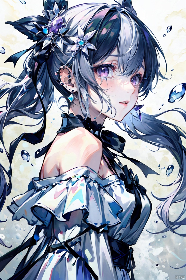 1girl, solo, long hair, breasts, looking at viewer, bangs, hair ornament, dress, ribbon, bare shoulders, jewelry, very long hair, purple eyes, upper body, white hair, earrings, tears, pink eyes, off shoulder, white dress, from side, looking to the side, black ribbon, piercing, crying, gem, ear piercing, bubble, crying with eyes open, off-shoulder dress, Fangren, 1girl
