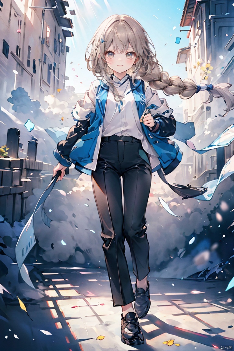 1girl, smile, Grey hair, Single braid, light brown eyes, closed mouth, whole body, exposed arms, Blue black jacket, Black trousers , Black cotton shoes, sun light atafternoon,xinxia(卡拉比丘)