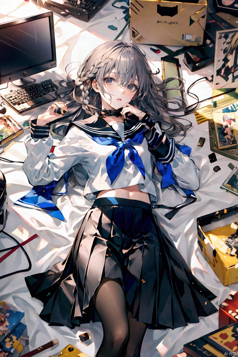 TT,,,masterpiece,best quality,chowbie_jue, bangs, black_bow, black_pantyhose, black_skirt, blurry, blurry_background, bow, braid, brown_eyes, grey_hair, hair_between_eyes, hair_bow, hand_up, highres, legs, long_hair, long_sleeves, looking_at_viewer, original, black background, pantyhose, pleated_skirt, puffy_long_sleeves, puffy_sleeves, sailor_collar, shirt, skirt, solo, standing, white_sailor_collar, white_shirt, solo, messy room, loaded interior, bedroom, (((otaku room))), (computer)wide shot, (lying on back:1.3), Herb Ritts, cowboy shot, fisheye