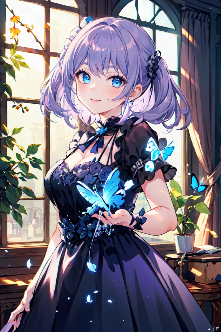 {best quality}, {{masterpiece}}, {highres}, original, extremely detailed 8K wallpaper, 1girl, {an extremely delicate and beautiful},light purple hair,dark blue eyes,formal dress,smile,night,French window,bluebutterfly,CinematicLighting,鏃�