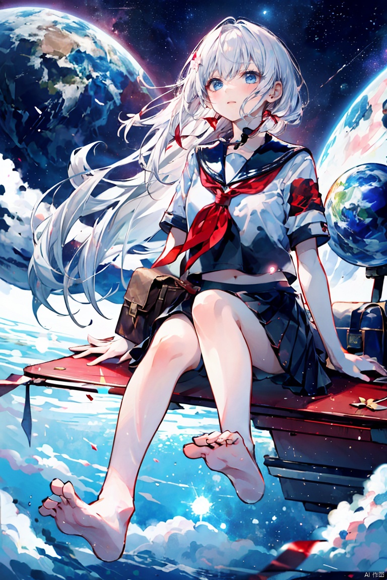 1girl, long hair, skirt, shirt, sitting, school uniform, white shirt, white hair, short sleeves, pleated skirt, barefoot, serafuku, black skirt, sailor collar, bag, neckerchief, floating hair, star \(sky\), red neckerchief, seiza, floating, space, planet,