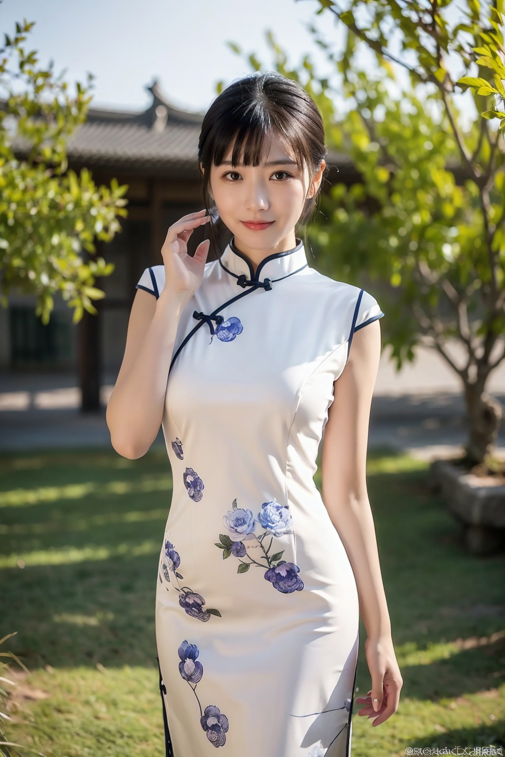 (global illumination, reality,ray tracing, HDR, unreal rendering, reasonable design, high detail, masterpiece,best quality, ultra high definition, movie lighting),
1girl,outdoor,looking_at_viewer,side_blunt_bangs,china_dress,chinese_style,big breasts,pose,solo,1girl,black hair,black eyes,  cheongsam, qipao