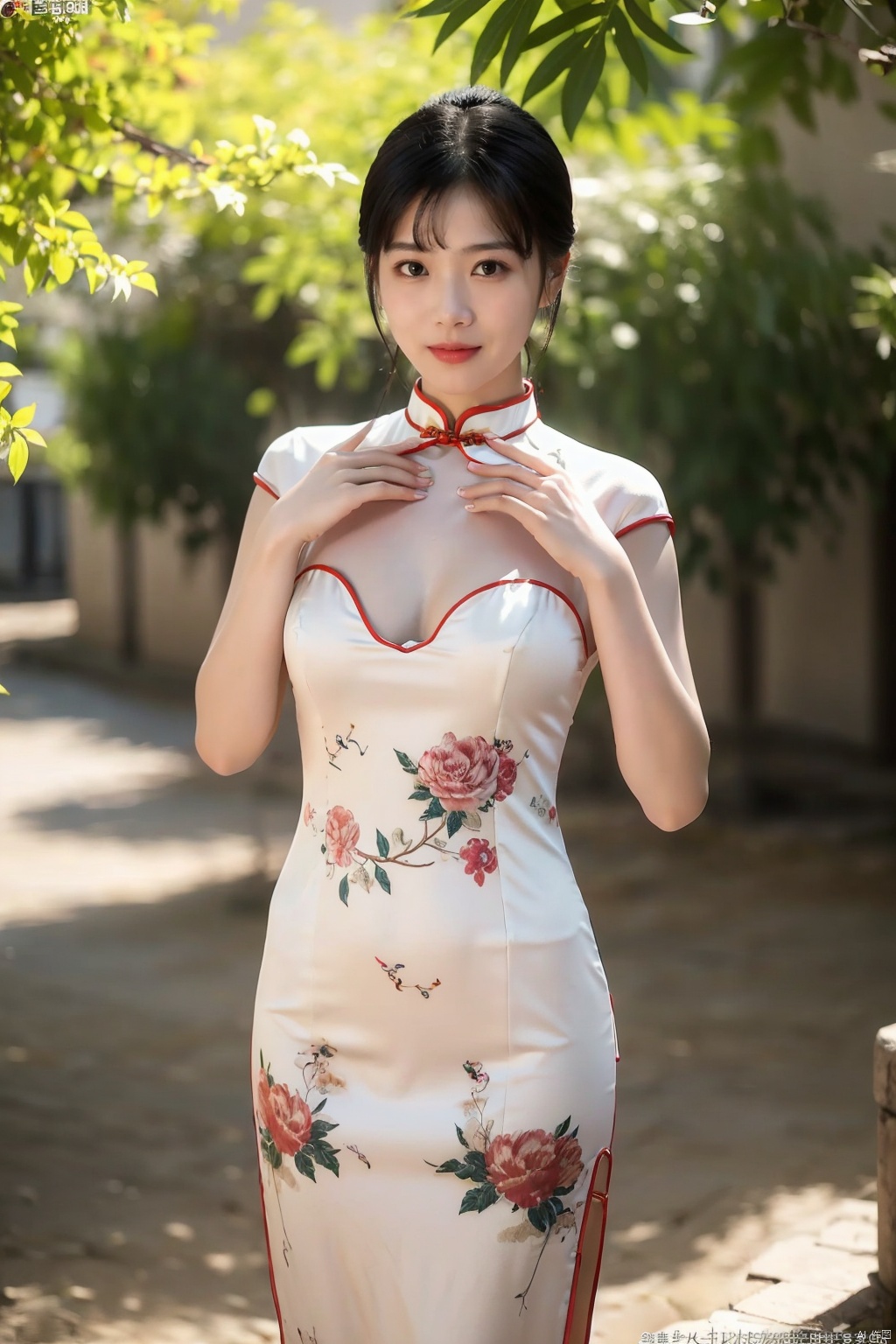 (global illumination, reality,ray tracing, HDR, unreal rendering, reasonable design, high detail, masterpiece,best quality, ultra high definition, movie lighting),
1girl,outdoor,looking_at_viewer,side_blunt_bangs,china_dress,chinese_style,big breasts,pose,solo,1girl,black hair,black eyes,  cheongsam