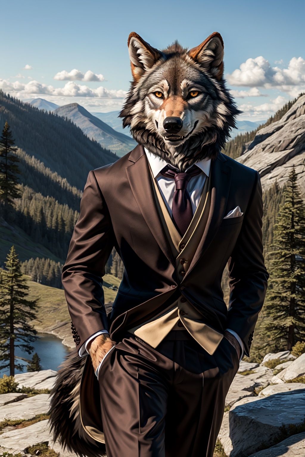 a detailed portrait of a majestic fluffy male ((timberwolf)),  ((fluffy detailed fur)),  wide hips on Tensor.Art