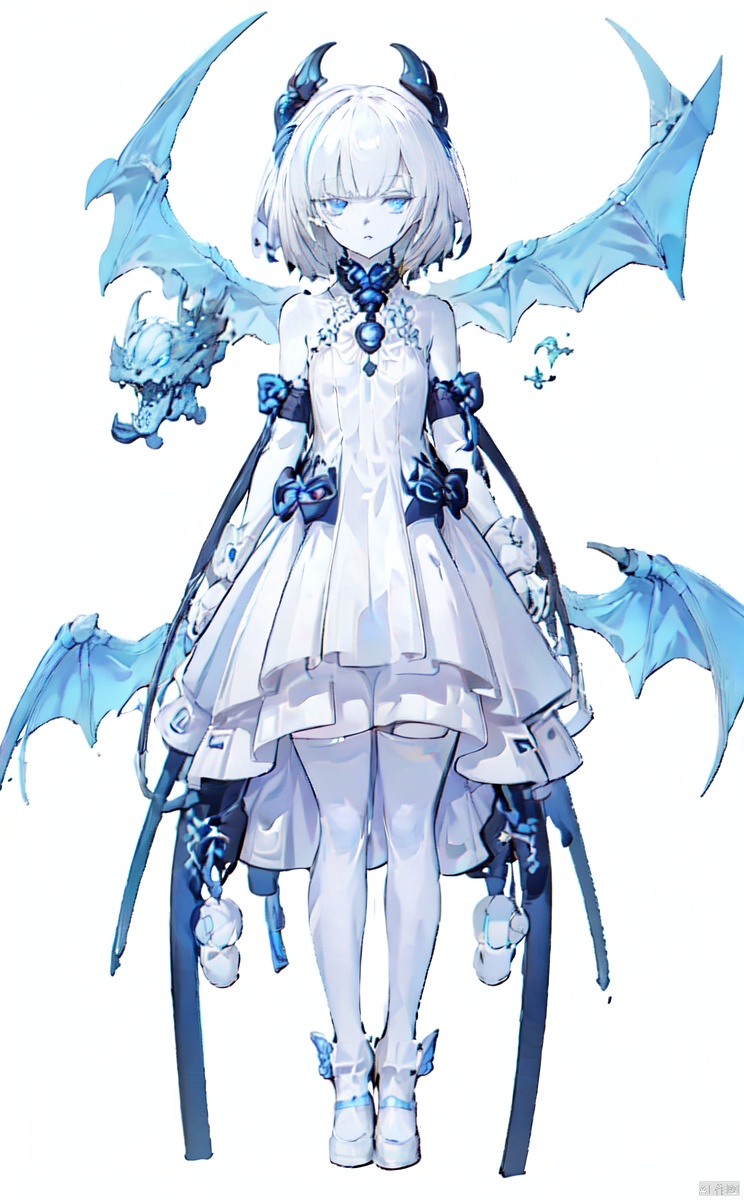  TB,(Masterpiece:1.2,highquality), 372089,1girl,(little_girl:1.2),loli,kawaii,pale_skin,(petite:1.1),bright_pupils,blue eyes,short hair,full_shot,(white_background:1.2),gothic_lolita,dress, Dragon ear