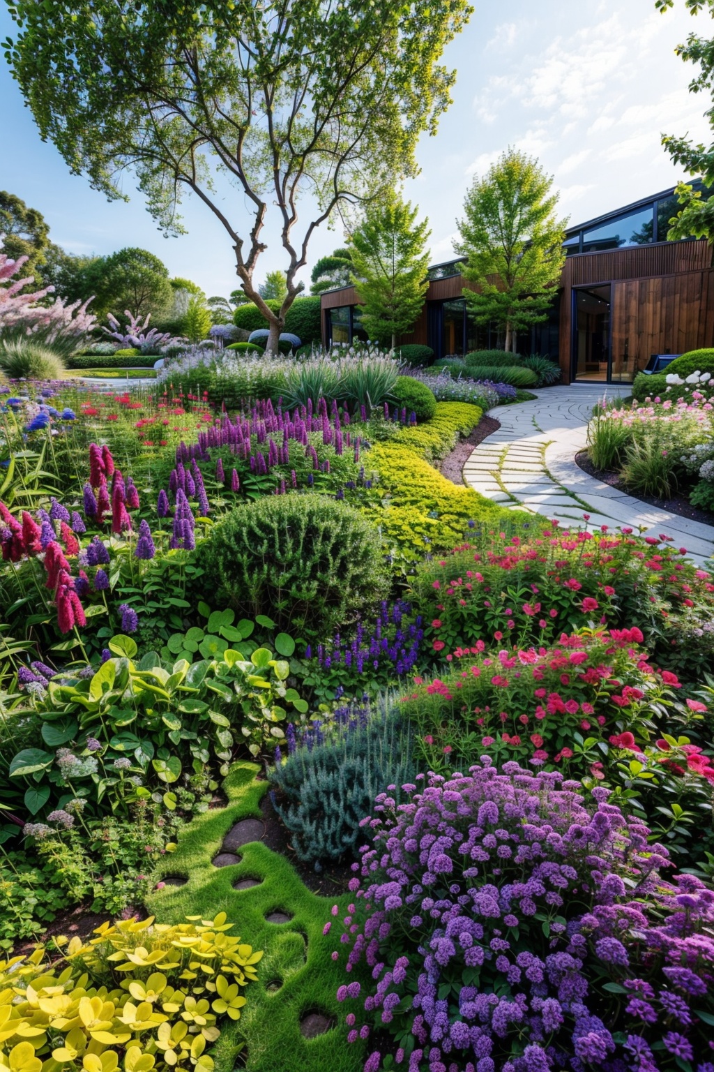masterpiece,best quality, garden, path,tree,purple flowers,building