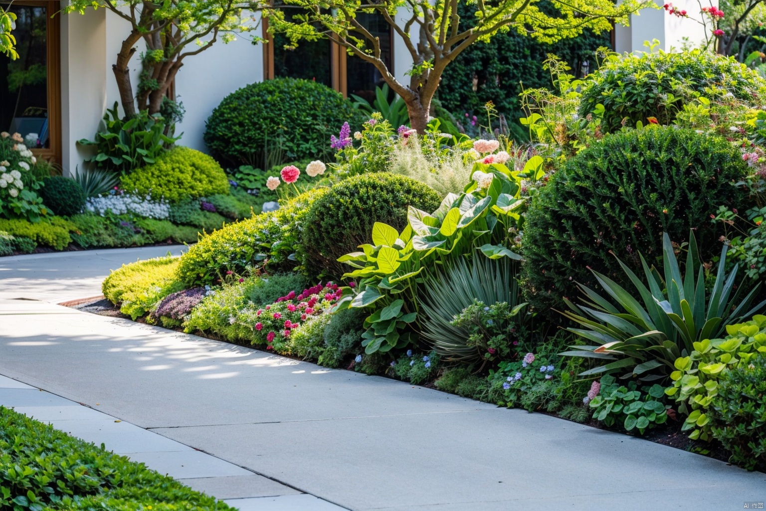  masterpiece,best quality,modern villa courtyard landscape design,luxuriant plant,freshflower,