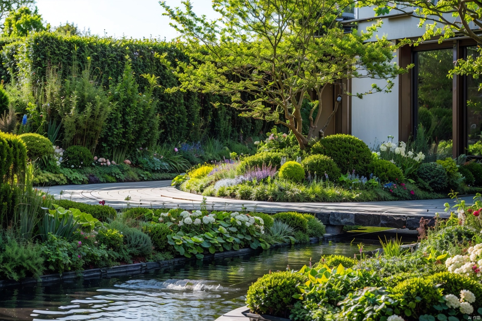  masterpiece,best quality,modern villa courtyard landscape design,luxuriant plant,fresh flower,cxhj,