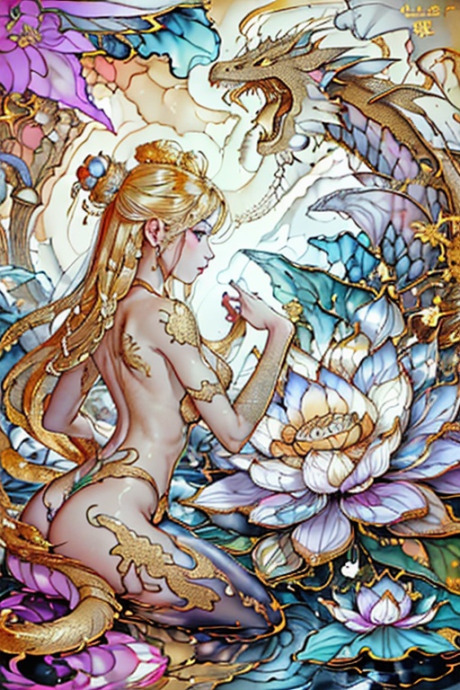 golden dragon,  lotus ,  golden outline on Tensor.Art