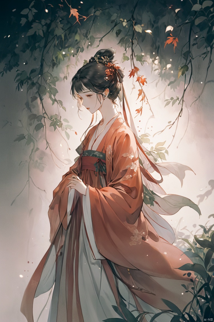  Fashion editorial style a asian girl with hanfu ruqun,Jin style, joint brand, ribbon, Withered leaves, old vines, plant illustration, splash ink,High fashion, trendy, stylish, editorial, magazine style, professional, highly detailed, cinematic lighting, Dramatic lighting, concept art, 