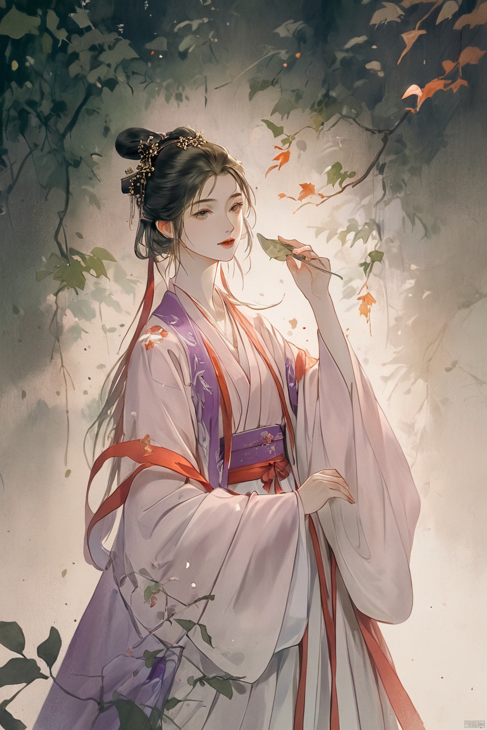  Fashion editorial style a asian girl with hanfu ruqun,Jin style, joint brand, ribbon, Withered leaves, old vines, plant illustration, splash ink,High fashion, trendy, stylish, editorial, magazine style, professional, highly detailed, cinematic lighting, Dramatic lighting, concept art, TIANQIJI