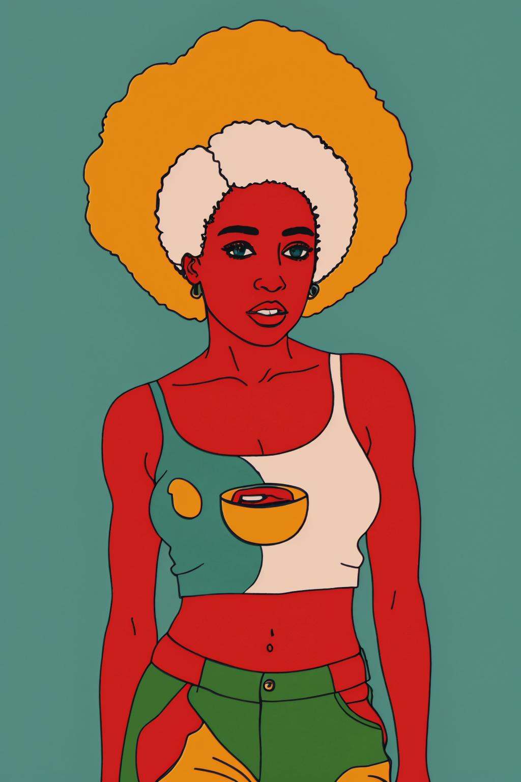 a woman with a big afro wearing a shirt,  wake_up on Tensor.Art