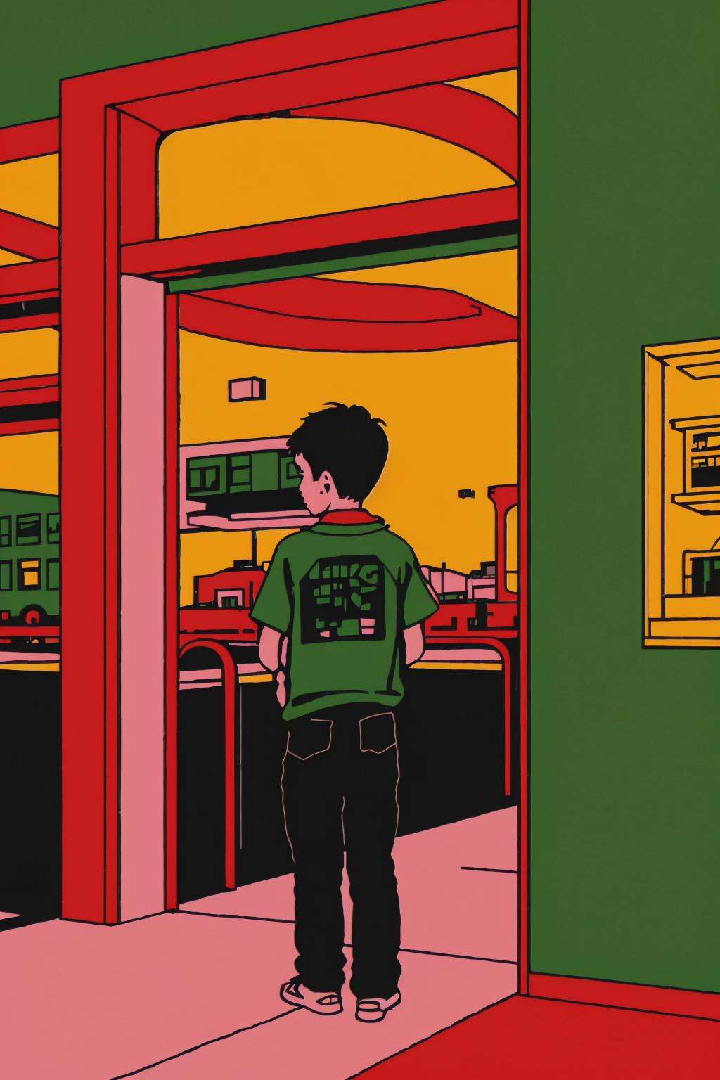 a small green building with a neon sign ,  multiple boys,  indoors on Tensor.Art
