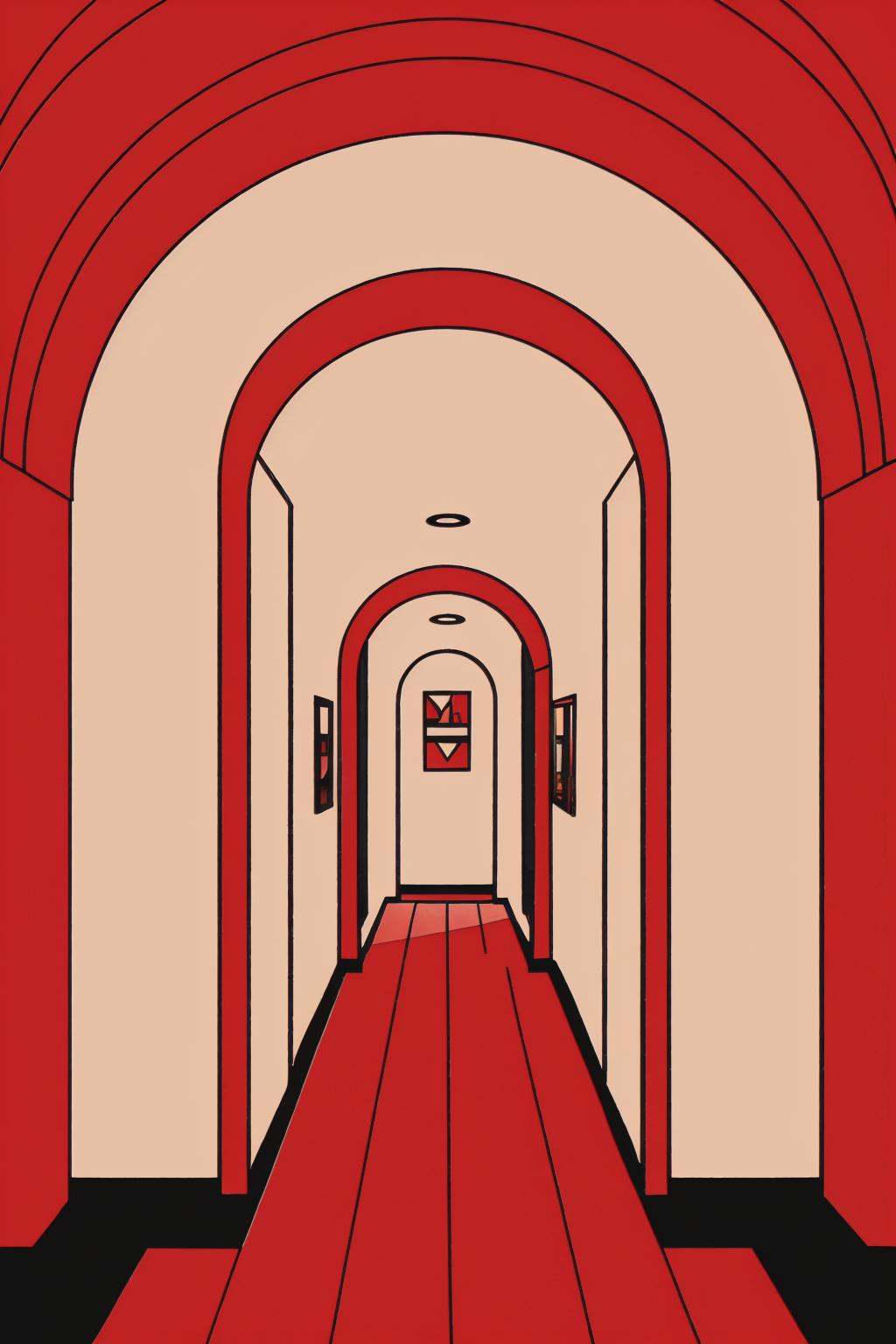 a red hallway with arched windows and a red floor ,  indoors,  no humans on Tensor.Art