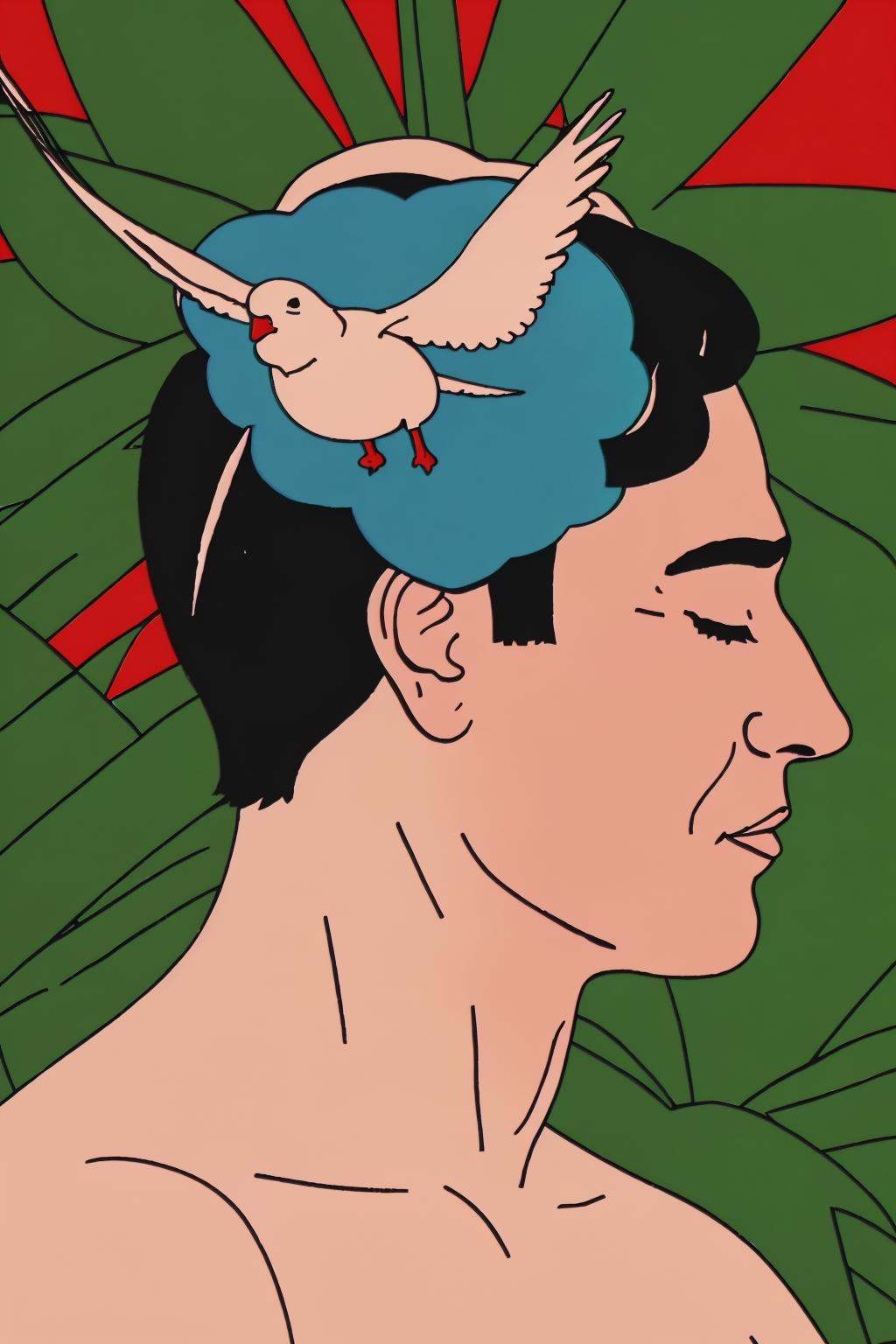 a painting of a man with a bird on his head ,  1boy,  closed eyes on Tensor.Art