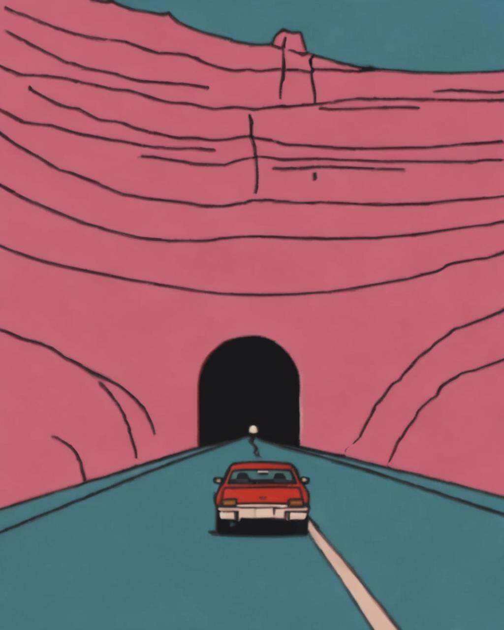 a car driving down a road in front of a tunnel ,  solo,  no humans on Tensor.Art