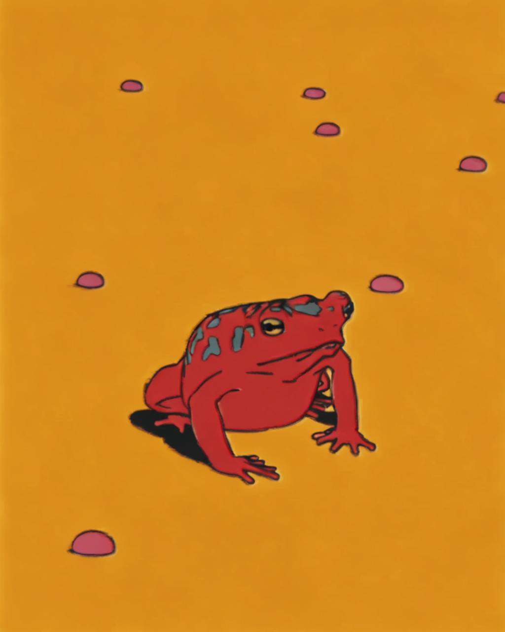 a red frog sitting on top of a yellow surface ,  solo,  simple background on Tensor.Art