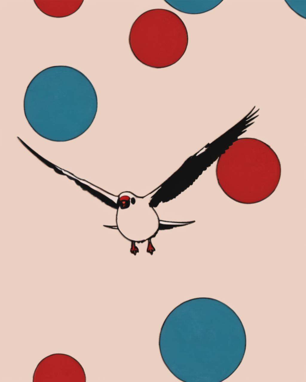 a bird flying over a red and blue ball on Tensor.Art