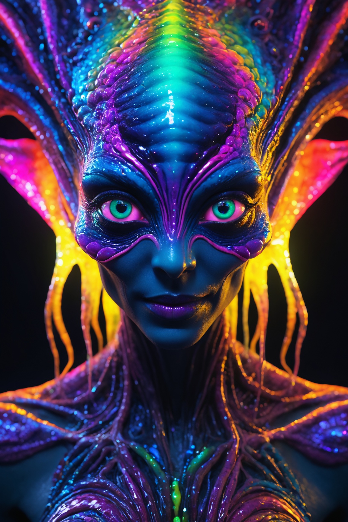 best quality, 8k, ultra-detailed, realistic:1.37, vibrant colors, vivid shading, breathtaking portrait of an alien shapeshifter entity, mesmerizing eyes, intricate facial details, otherworldly skin texture, insane smile, unnerving and intricate complexity, surreal horror atmosphere, dark shadows, inverted neon rainbow drip paint, ethereal glow, hypnotic energy, transcendent beauty, mystical aura, octane render