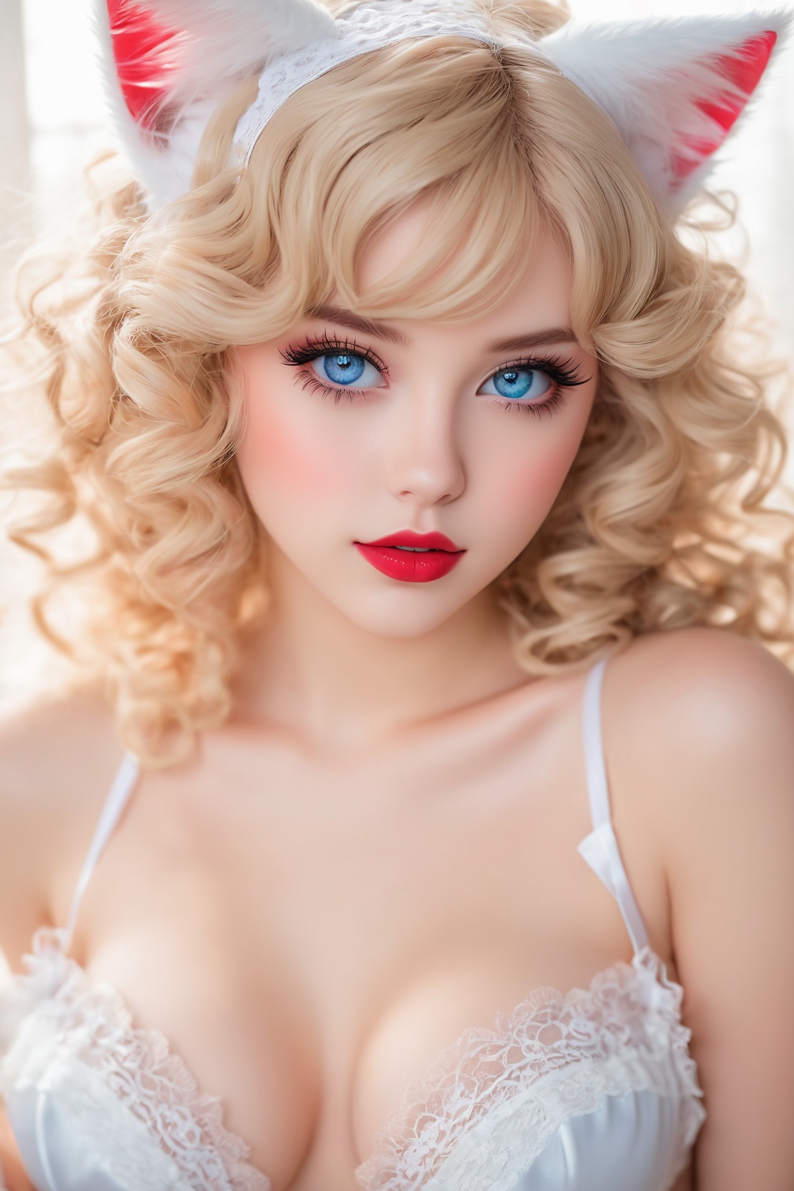 (blonde hair,blue eyes),beautiful detailed eyes,beautiful detailed lips,extremely detailed eyes and face,long eyelashes,flawless skin,curly hair,cute blush,glossy lips,bright red lipstick,playful expression,girl with cat ears and tail,provocative pose,white lace lingerie,soft pastel colors,anime style,soft lighting