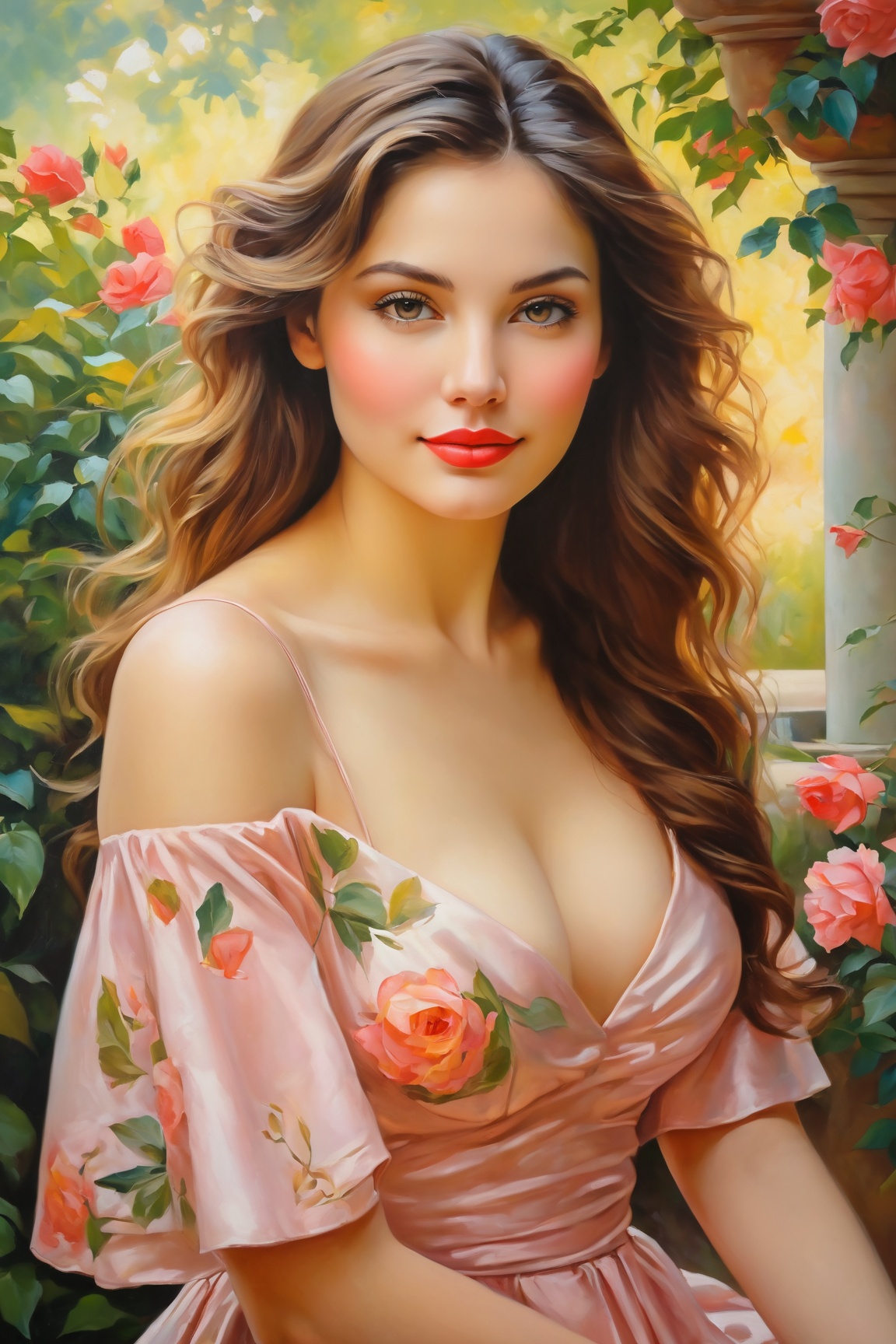 (young *****, beautiful, seductive, alluring), (best quality, highres, ultra-detailed), (oil painting, fine art), (vibrant colors, warm tones), (soft lighting, dramatic shadows), (deep gaze, captivating eyes), (rosy lips, luscious mouth), (porcelain skin, flawless complexion), (elegant dress, revealing neckline), (attractive pose, confident stance), (lush garden background, blooming flowers), (subtle breeze, swaying leaves), (romantic atmosphere, dreamy ambiance), (sensual expression, subtle smile)
