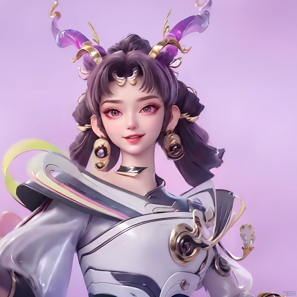 1girl, solo, looking at viewer, smile, black hair, hair ornament, gloves, jewelry, closed mouth, upper body, earrings, horns, choker, bracelet, blue background, letterboxed