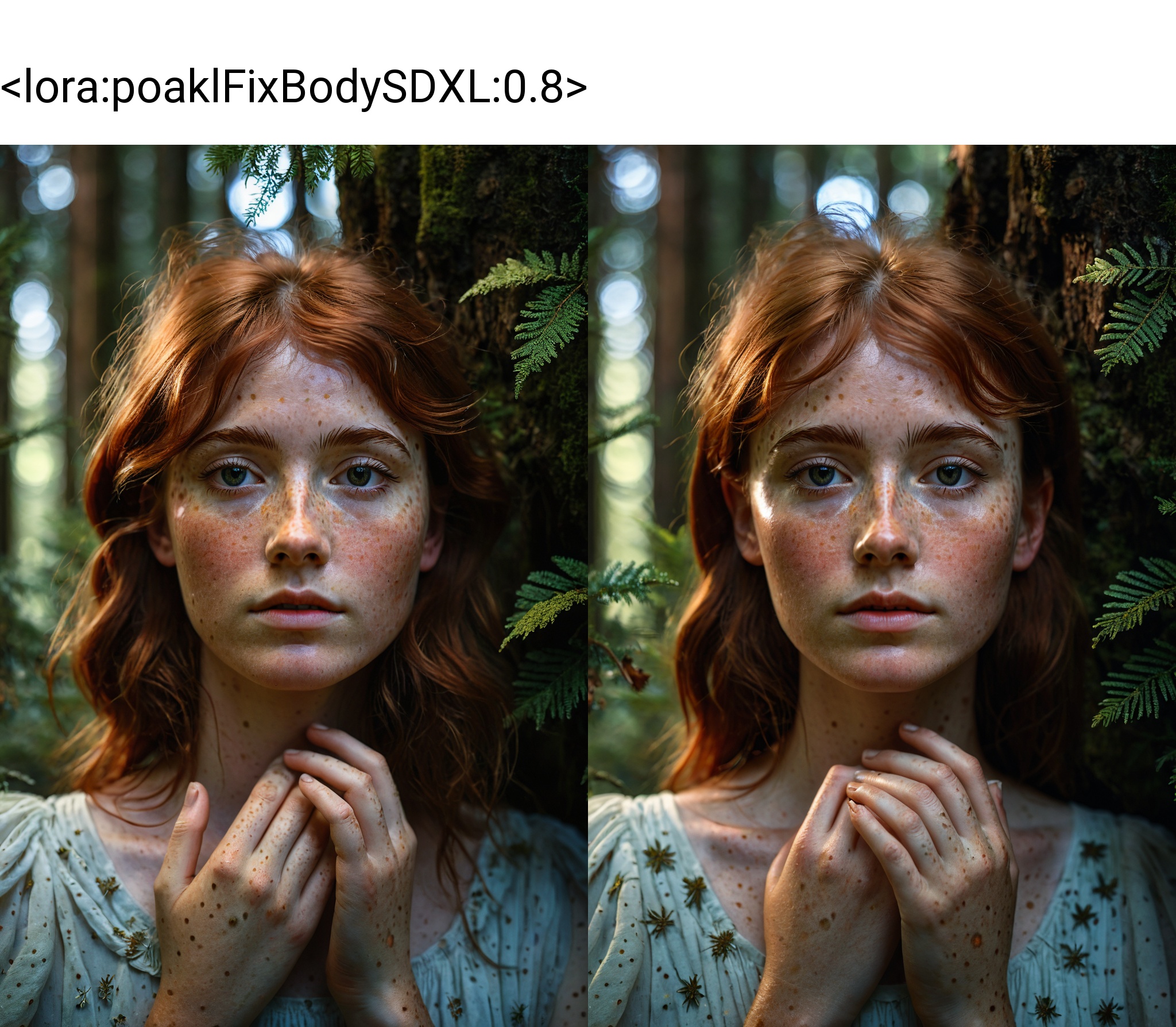 hands on face,hyperrealistic ******* portrait of a young woman in the forest,magnificent,celestial,ethereal,painterly,epic,magical,fantasy art,dreamy,chiaroscuro,atmospheric lighting,freckles,skin pores,pores,velus hair,macro,extreme details,((poakl)),<lora:poaklFixBodySDXL:0.8>,