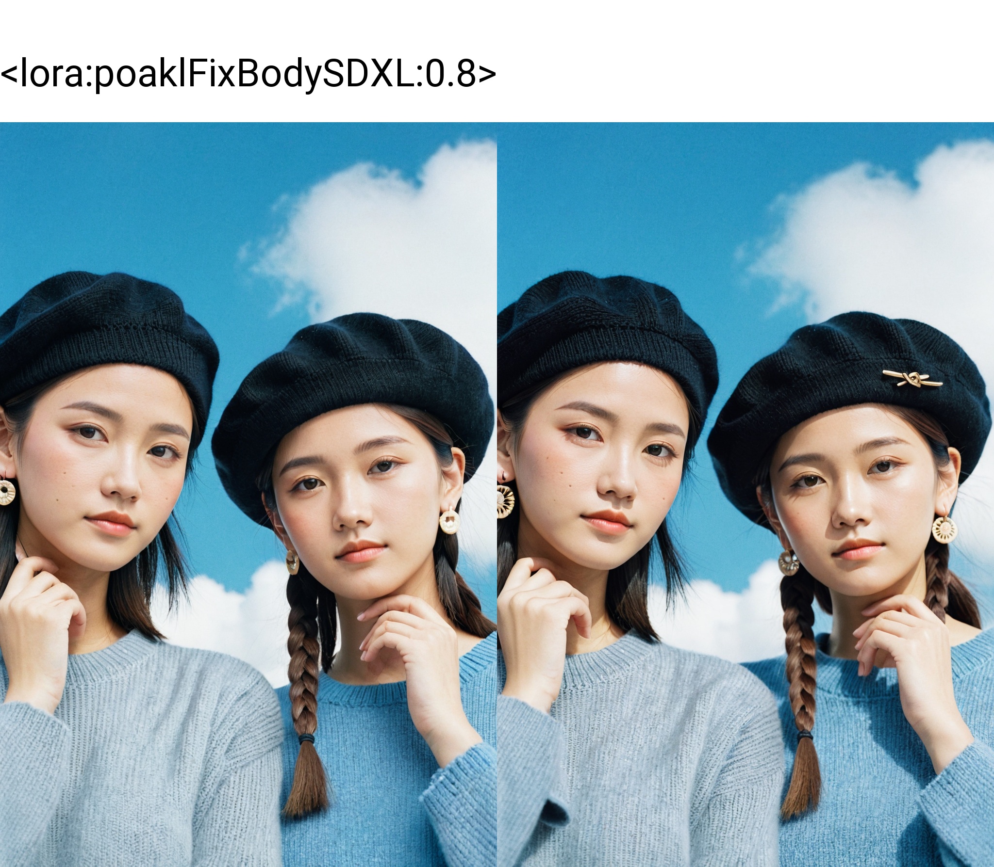 (hands on face:1.3), (film grain),Two young ***** females, East Asian ethnicity, close-up, cloudy blue sky background, casual style, natural daylight, fashion portrait, facing camera, textured sweaters, subtle makeup, serene expressions, black beret hat, braided hair, dangling earrings, interlocking arms pose, film grain, soft focus,((poakl)),<lora:poaklFixBodySDXL:0.8>,