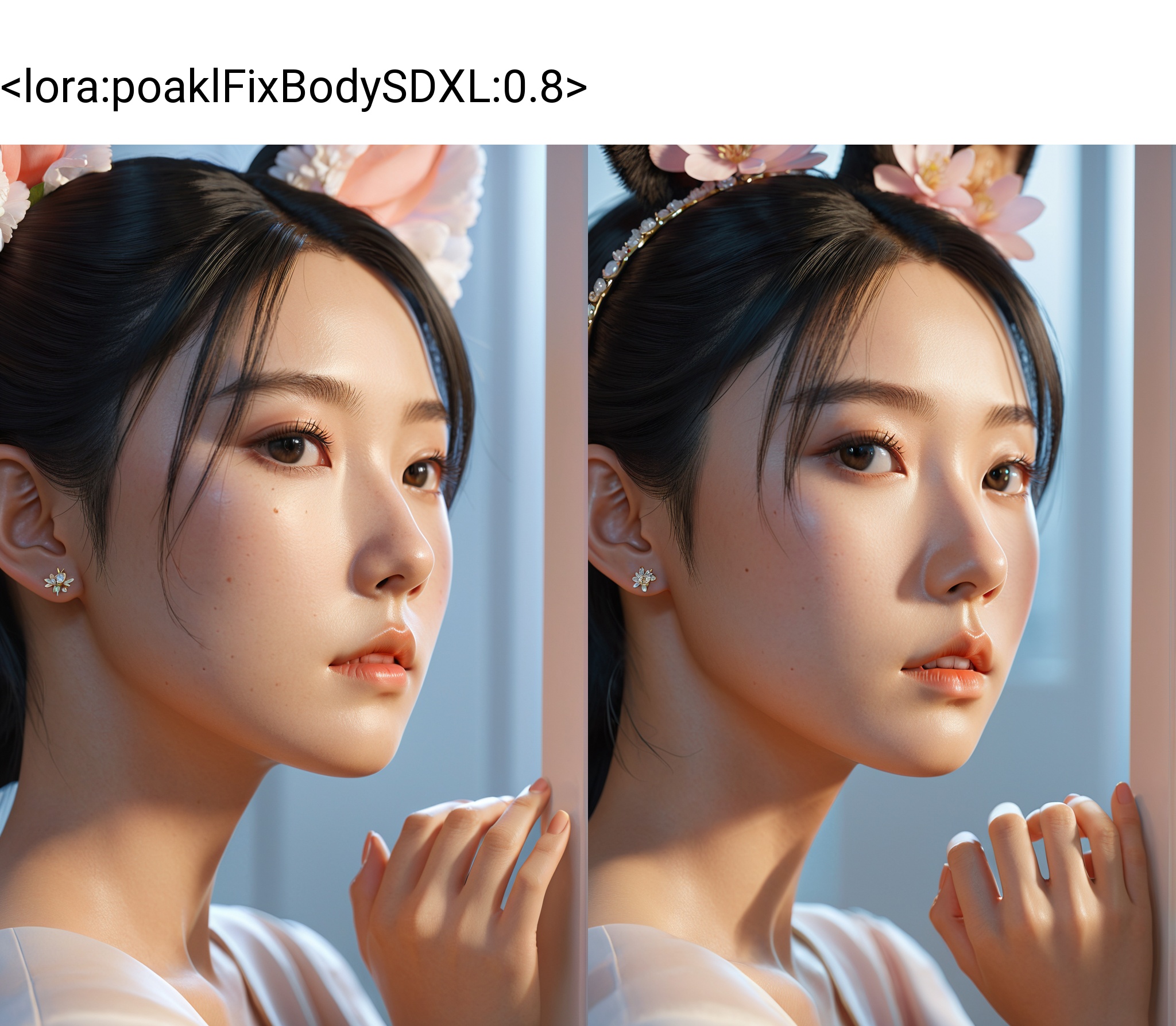 hands on face,seductive leaning forward detailed skin,ultra realistic 8k cg,picture-perfect face,flawless,clean,masterpiece,professional artwork,famous artwork,cinematic lighting,cinematic bloom,((black hair)),(1girl, beautiful korean girl bunney ears),((poakl)),<lora:poaklFixBodySDXL:0.8>,