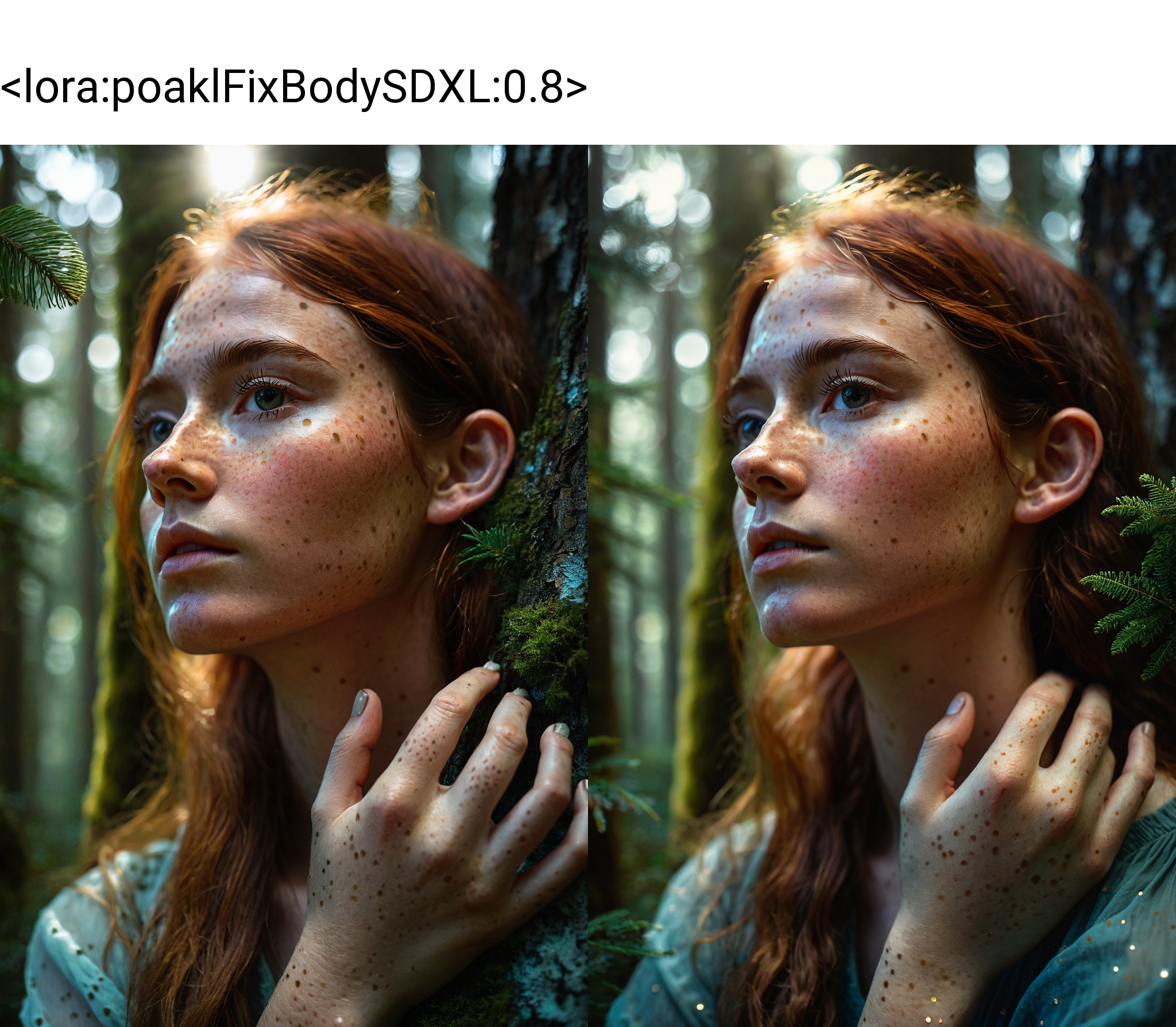 hands on face,hyperrealistic ******* portrait of a young woman in the forest,magnificent,celestial,ethereal,painterly,epic,magical,fantasy art,dreamy,chiaroscuro,atmospheric lighting,freckles,skin pores,pores,velus hair,macro,extreme details,((poakl)),<lora:poaklFixBodySDXL:0.8>,