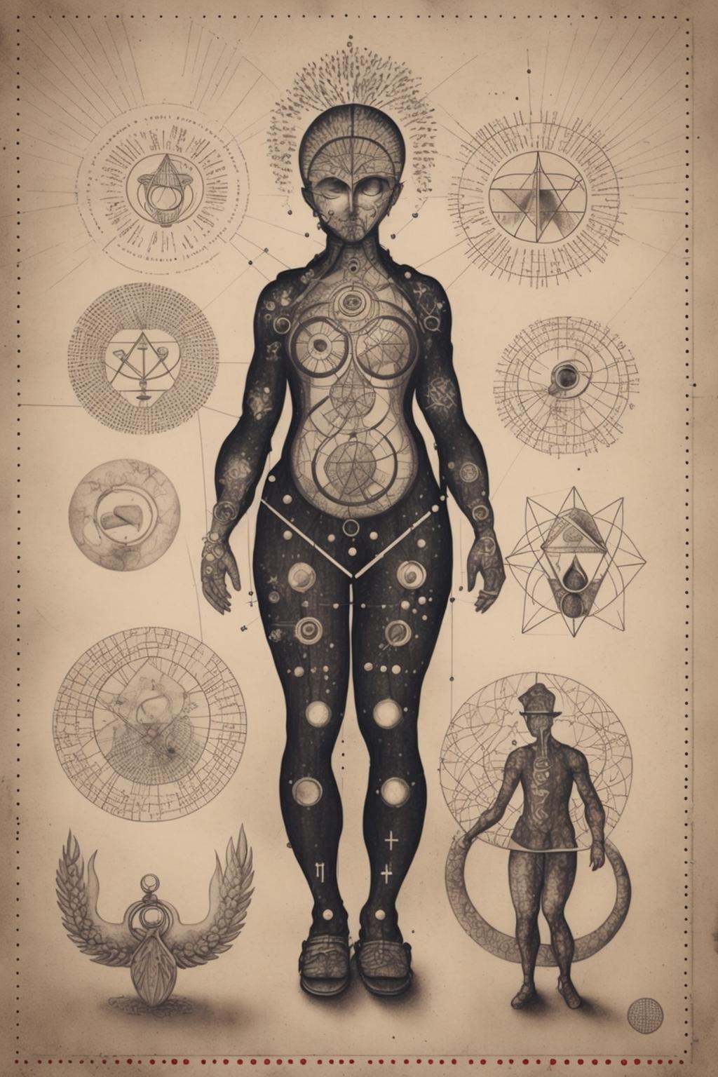 a drawing of a person with a lot of things on it on Tensor.Art