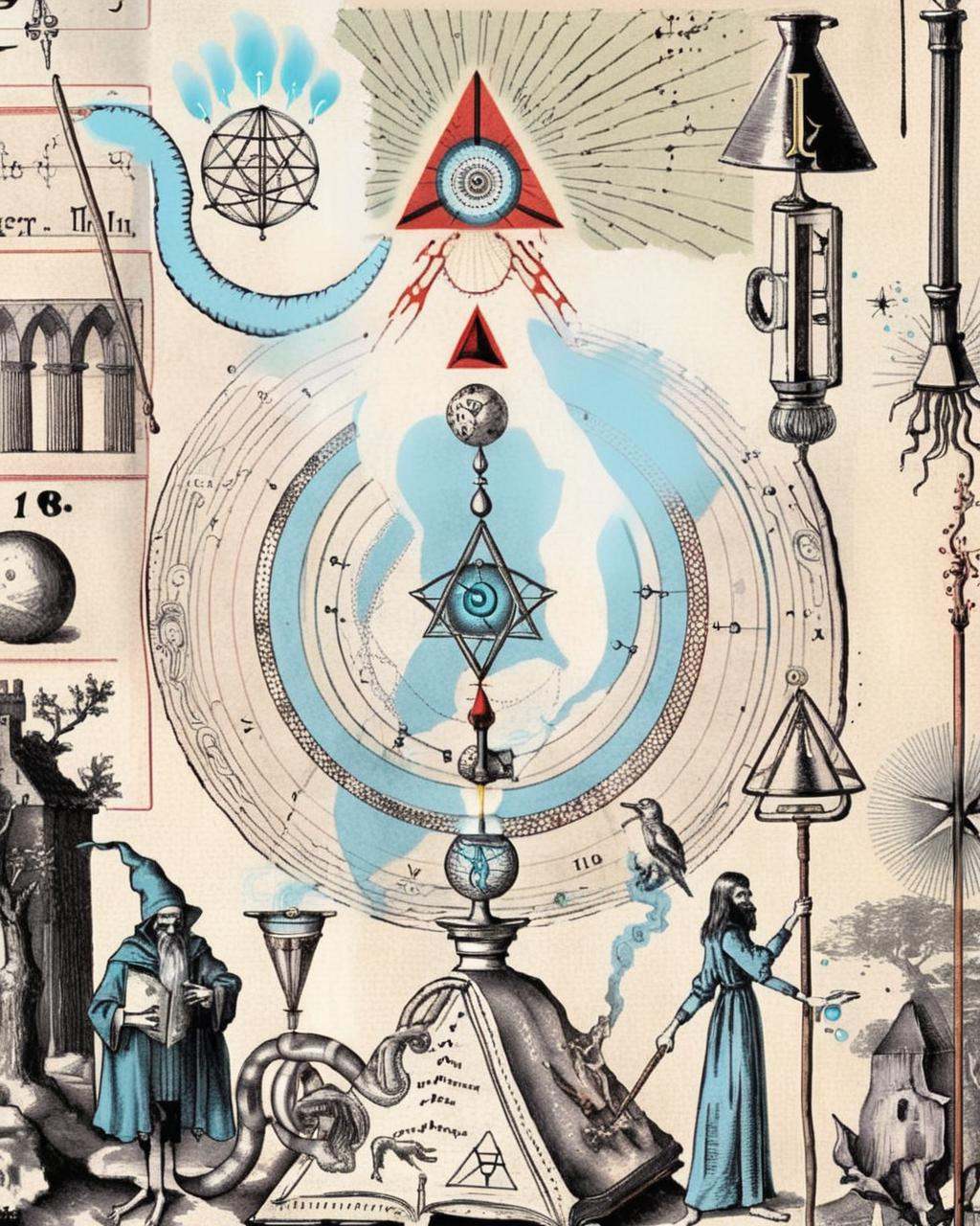 The alchemical book page features an illustration of a sorcerer wielding an intricately designed staff,  fusing the realms...