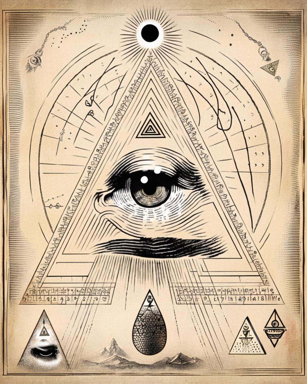 An enigmatic triangle encapsulates an eye within,  inviting contemplation of the mystic significance of the all-seeing eye...