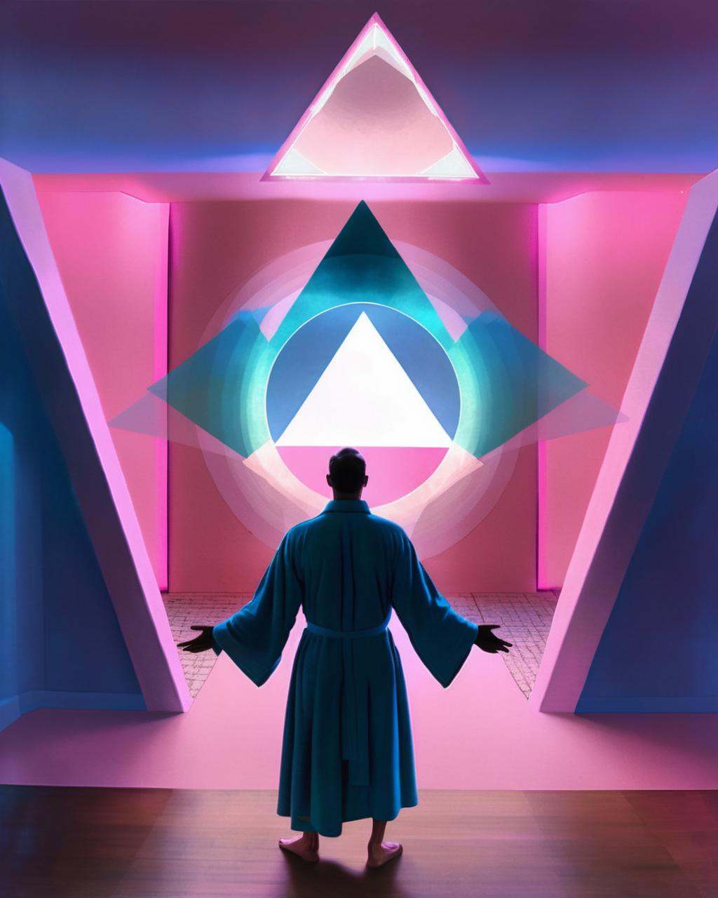 In a room enveloped by a pink and blue glow,  two men,  resplendent in pink robes on Tensor.Art