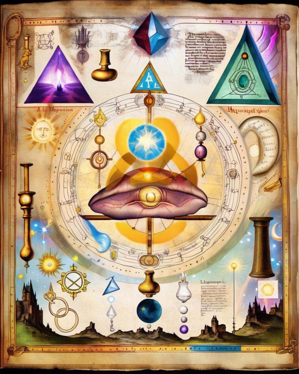 A vivid illustration of a philosopher's stone,  emitting a radiant golden glow,  occupies a central space on the alchemica...